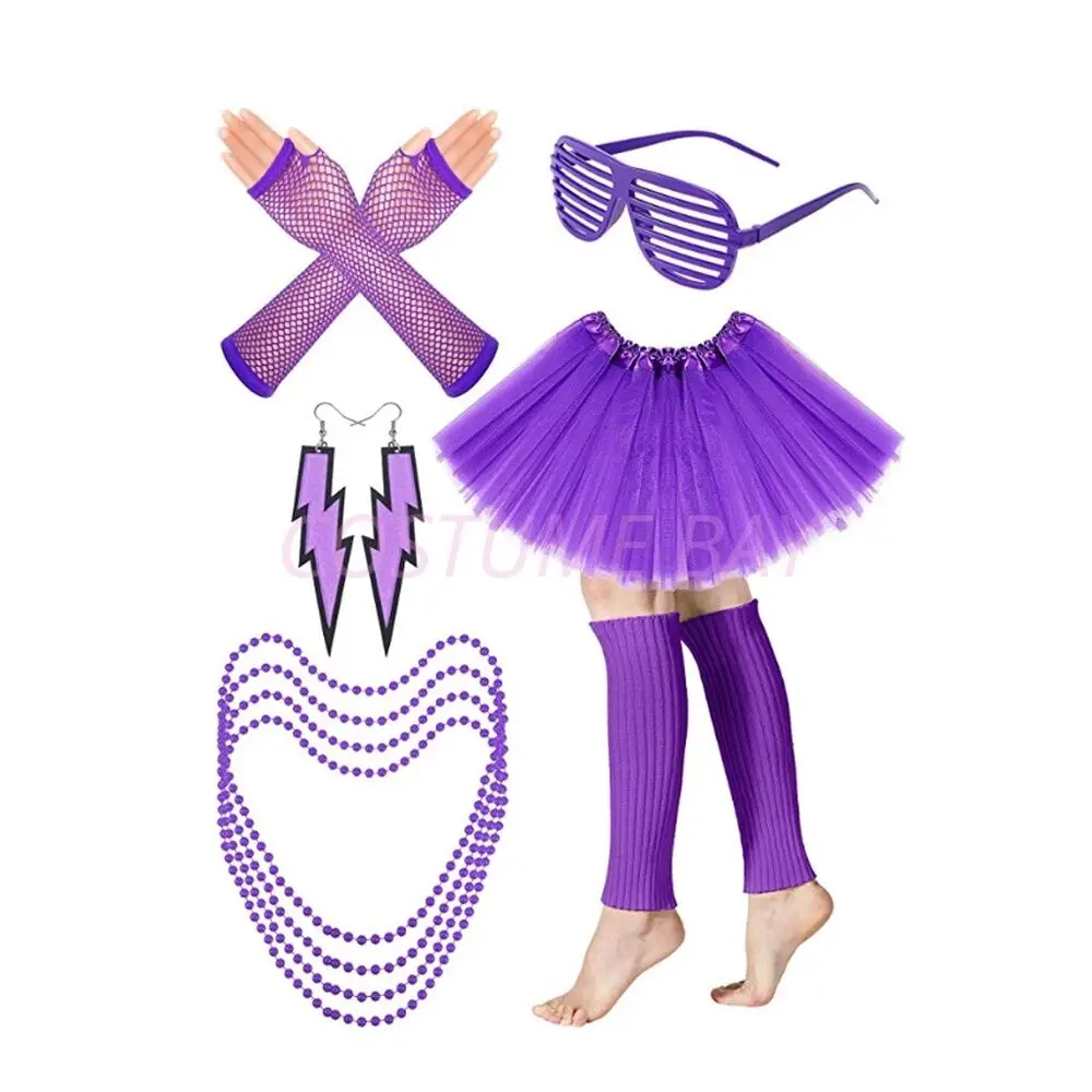 PESENAR Womens Neon 80s Tutu Skirt Fancy Dress 6pcs Accessories Set themed party costume thumbnail 3