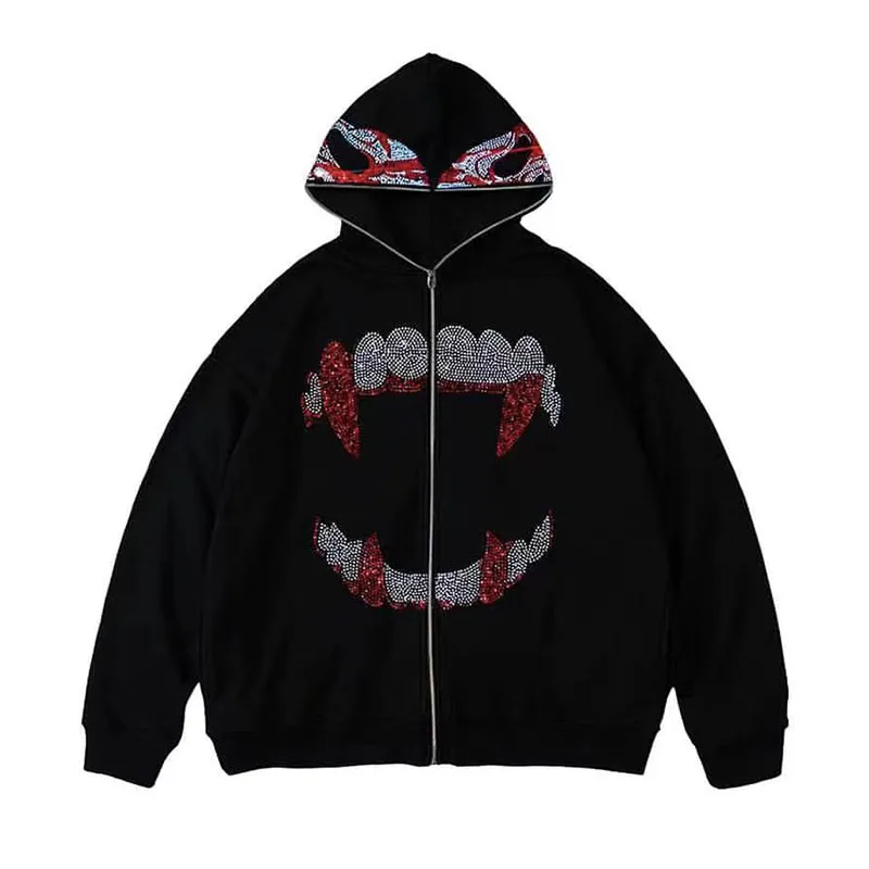 Y2K Rhinestones Zip Up Hoodies Men Gothic Long Sleeve Jackets Hoodies Fashion Streetwear Women Oversize Sweatshirt Men Clothing thumbnail 2