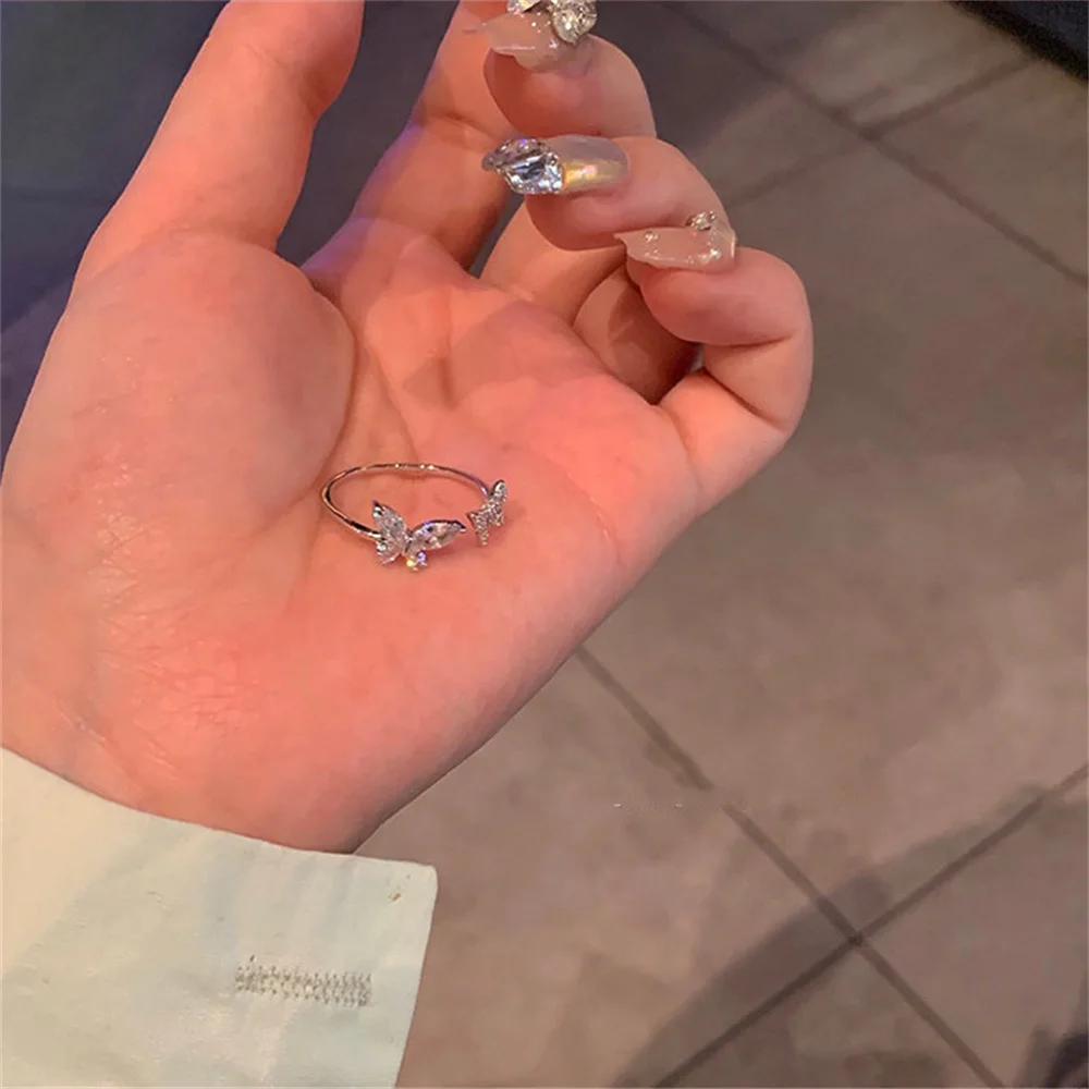 Fashion Adjustable Open Acrylic Crystal Butterfly Ring For Women Kpop Silver Color Zircon Finger Ring Party Jewelry Wholesale thumbnail 4