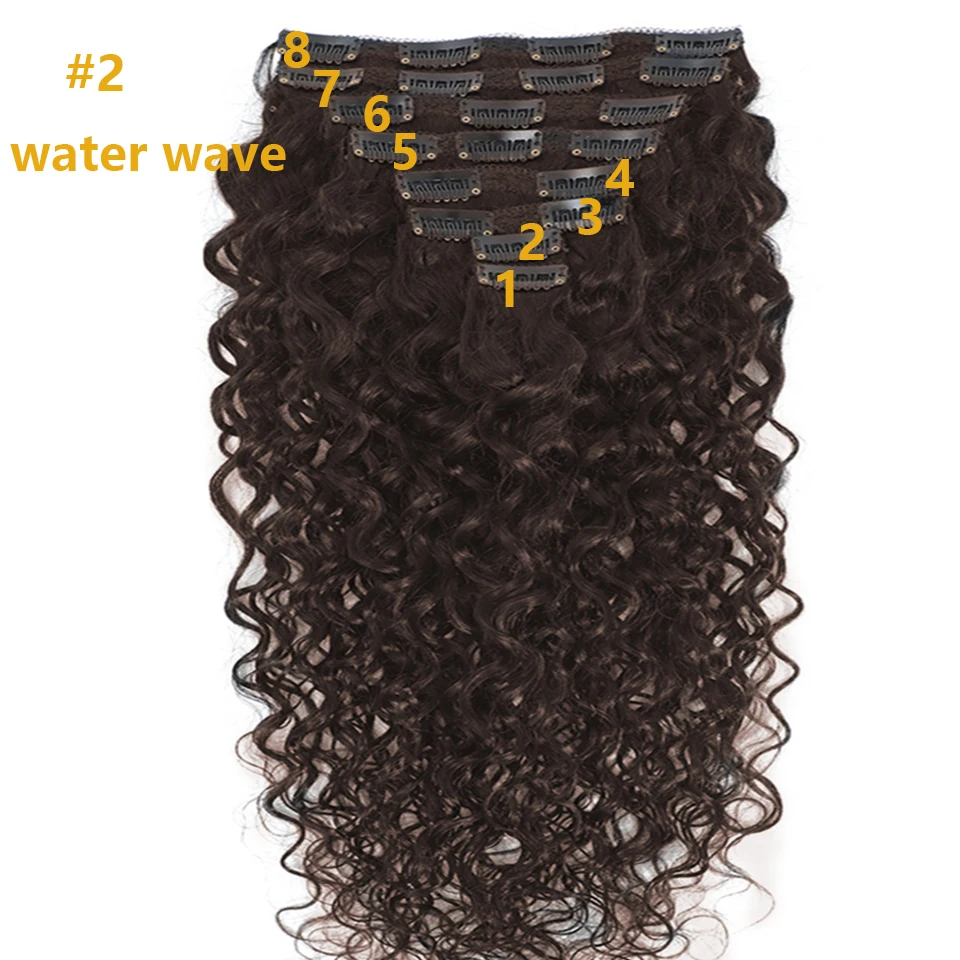 8pcs 120g #2 Dark Brown Water Wave Human Hair Clip In Extentions With Full Head For Women Brazilain Clip-in Human Hair Extension thumbnail 3