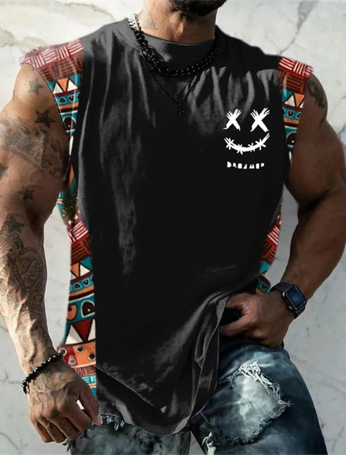 Summer New Men's Vest T Shirt Patterned Tribal Round Neck Clothing Daily Fitness Sports Vintage Sleeveless Printed Ethnic Tops thumbnail 2