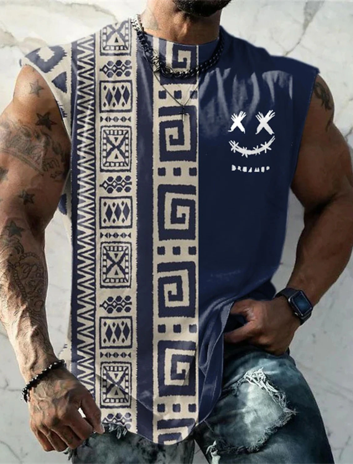 Summer New Men's Vest T Shirt Patterned Tribal Round Neck Clothing Daily Fitness Sports Vintage Sleeveless Printed Ethnic Tops thumbnail 3