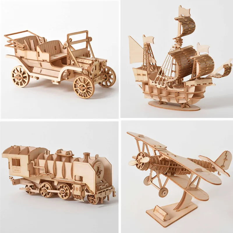 Diy 3d wooden puzzle for Assembly Puzzle Laser Cutting Sailing Ship Biplane Steam Locomotive Train Toy diy Kit  for adults Child thumbnail 2
