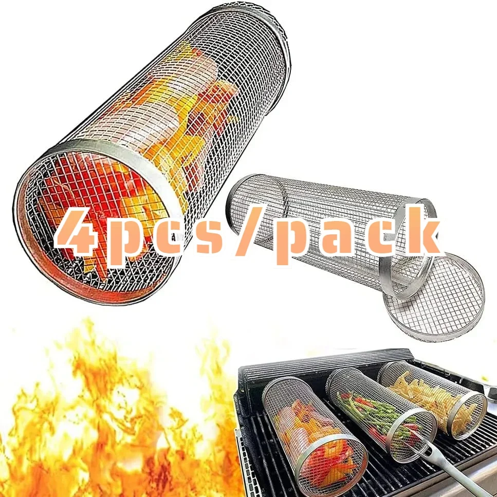Rolling Grilling BBQ Basket Stainless Steel Leak proof Mesh Barbecue Rack Outdoor Picnic Camping Simple Cylindrical BBQ Grill thumbnail 2