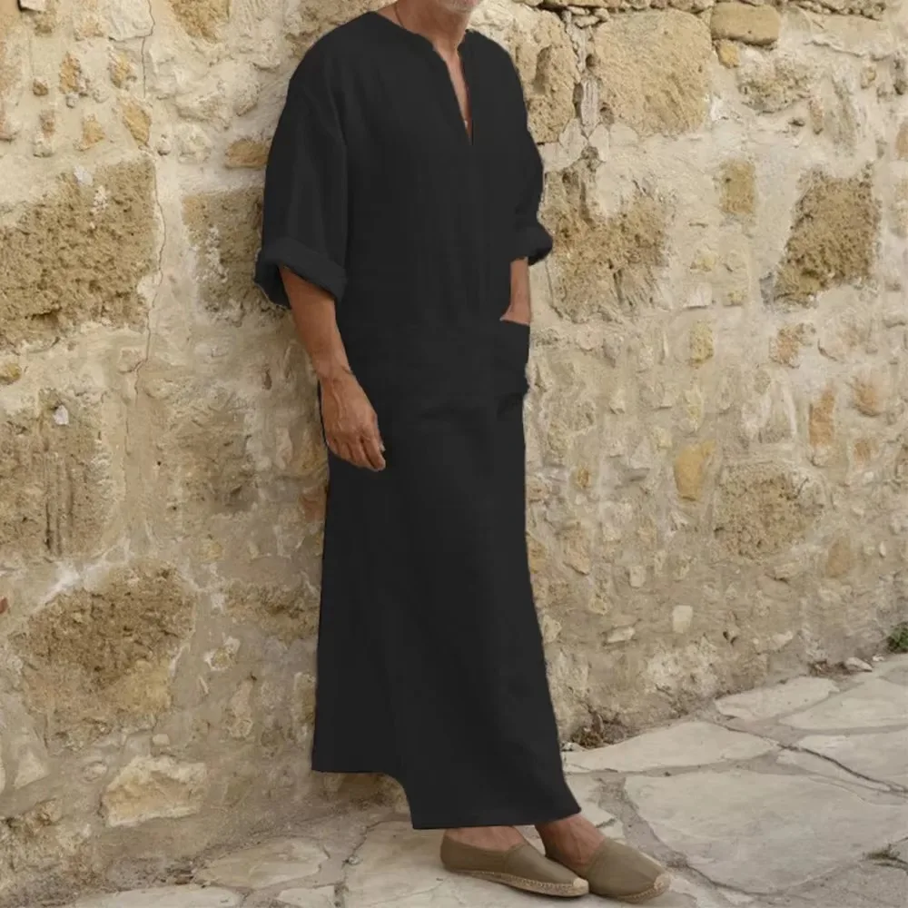 YUFEIDA Men Long Linen Jubba Thobe Kaftan Muslim Arab Islamic V-neck Long Sleeve Solid Cotton Linen Robe Muslim Arabia Man Abaya thumbnail 3