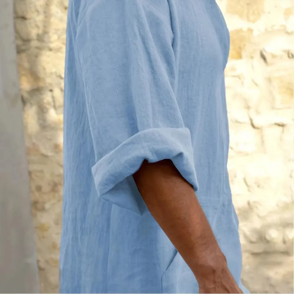 YUFEIDA Men Long Linen Jubba Thobe Kaftan Muslim Arab Islamic V-neck Long Sleeve Solid Cotton Linen Robe Muslim Arabia Man Abaya thumbnail 6