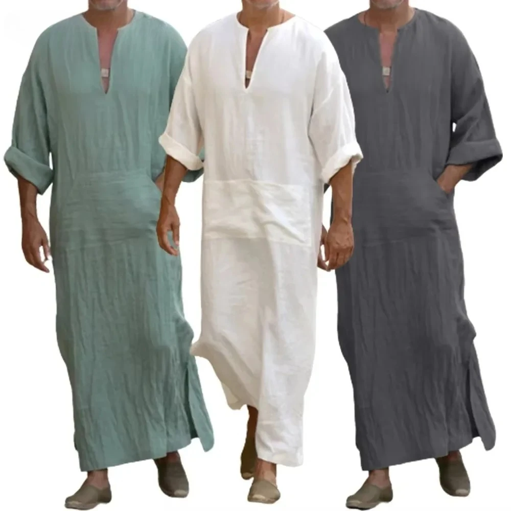 YUFEIDA Men Long Linen Jubba Thobe Kaftan Muslim Arab Islamic V-neck Long Sleeve Solid Cotton Linen Robe Muslim Arabia Man Abaya