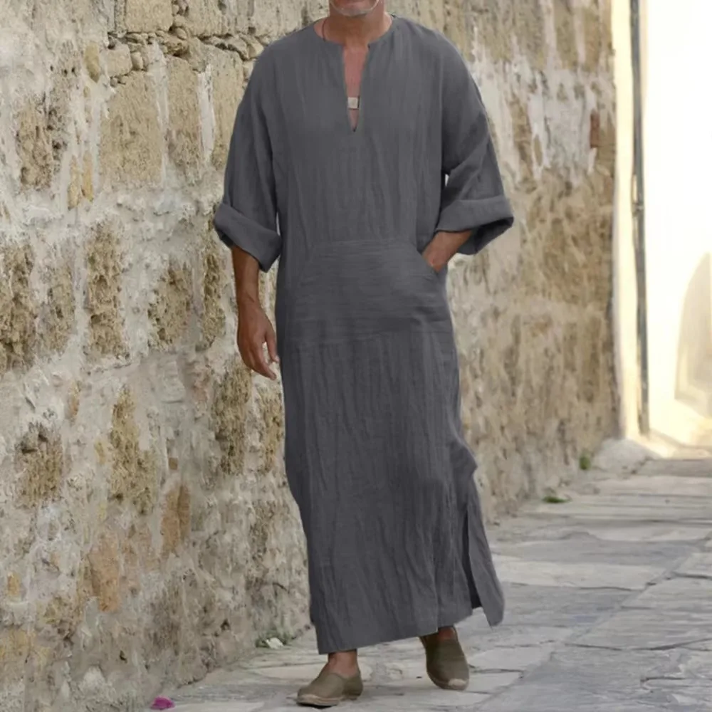 YUFEIDA Men Long Linen Jubba Thobe Kaftan Muslim Arab Islamic V-neck Long Sleeve Solid Cotton Linen Robe Muslim Arabia Man Abaya thumbnail 4
