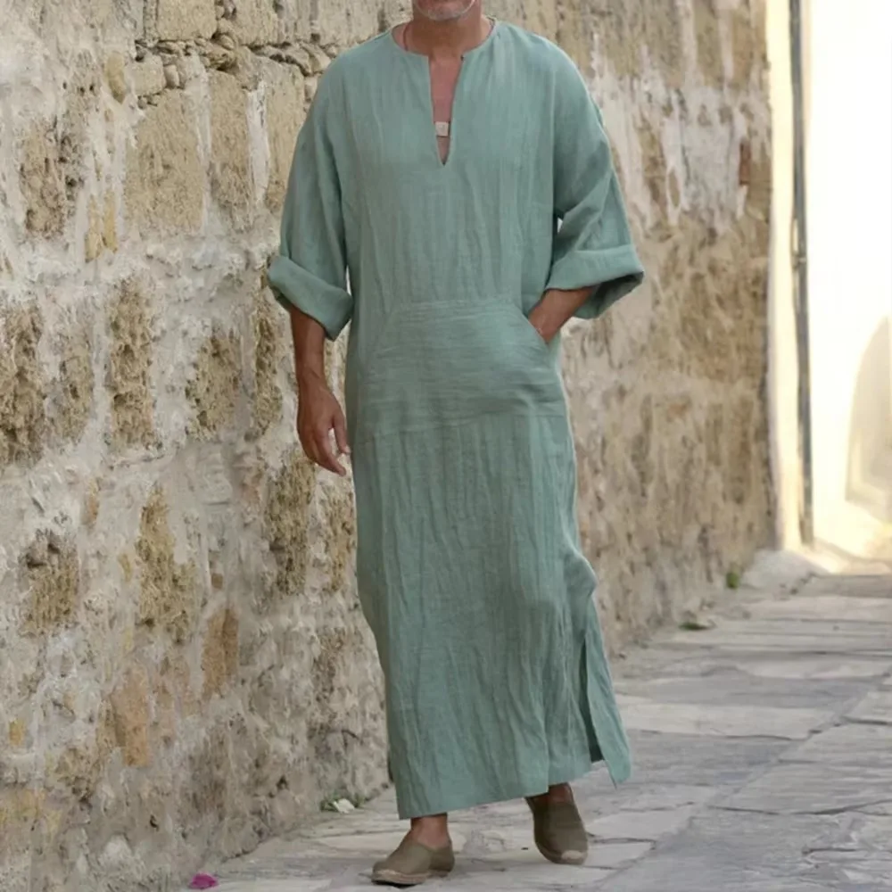 YUFEIDA Men Long Linen Jubba Thobe Kaftan Muslim Arab Islamic V-neck Long Sleeve Solid Cotton Linen Robe Muslim Arabia Man Abaya thumbnail 5