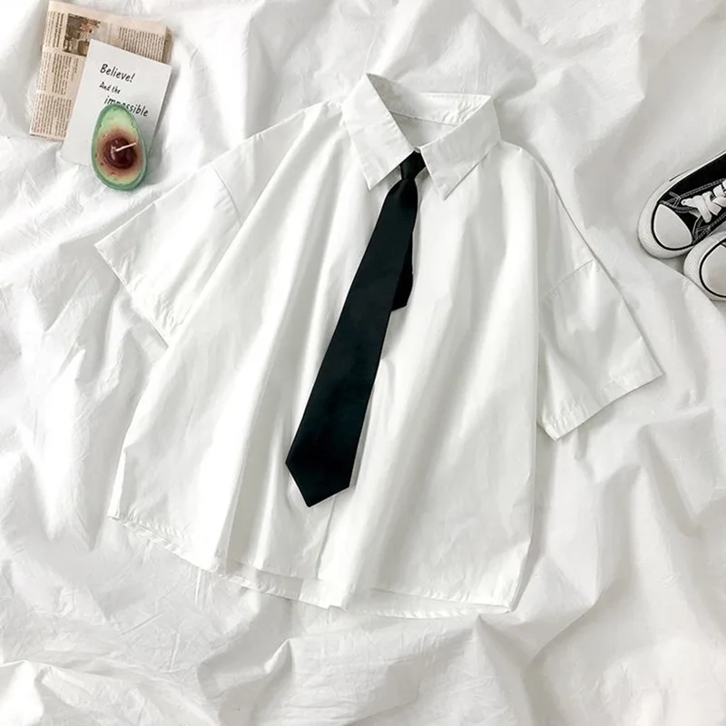E-BAIHU 2025 White Shirt Women Blusas Short Sleeve Lapel Blouse with Tie Japanese Fashion Student Summer Daily College Style Top