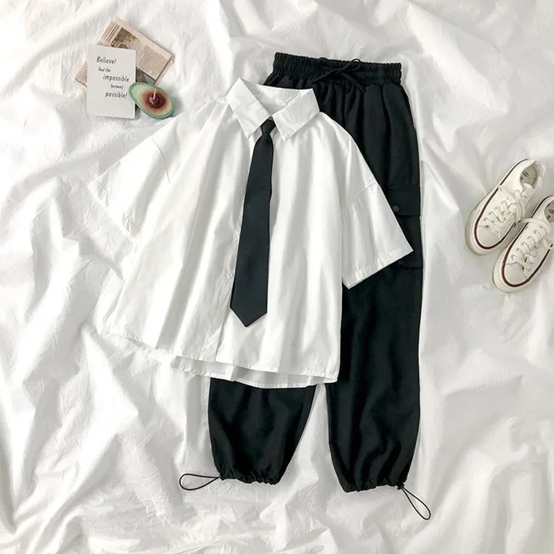E-BAIHU 2025 White Shirt Women Blusas Short Sleeve Lapel Blouse with Tie Japanese Fashion Student Summer Daily College Style Top thumbnail 2