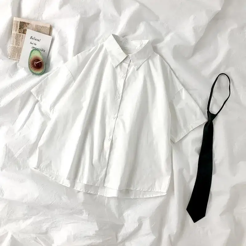 E-BAIHU 2025 White Shirt Women Blusas Short Sleeve Lapel Blouse with Tie Japanese Fashion Student Summer Daily College Style Top thumbnail 3
