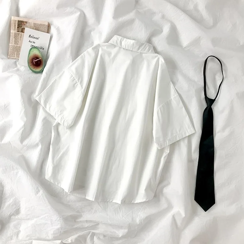 E-BAIHU 2025 White Shirt Women Blusas Short Sleeve Lapel Blouse with Tie Japanese Fashion Student Summer Daily College Style Top thumbnail 4