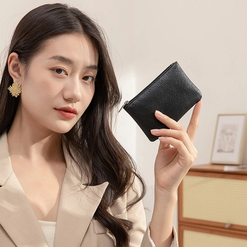 Women PU Leather Coin Purse Retro Litchi Pattern Zipper Pouch Mini Change Purses Unisex Solid Wallets Card Holder Storage Bag thumbnail 2