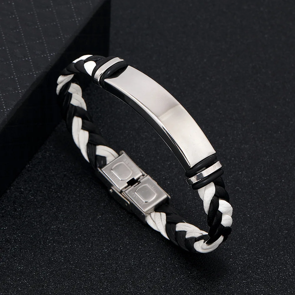 Custom logo Name Engrave Leather Bangle & Bracelet customize Stainless Steel Bracelets For Women Men ID Bracelet thumbnail 6