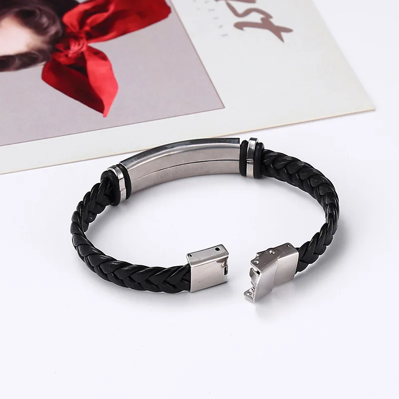 Custom logo Name Engrave Leather Bangle & Bracelet customize Stainless Steel Bracelets For Women Men ID Bracelet thumbnail 2