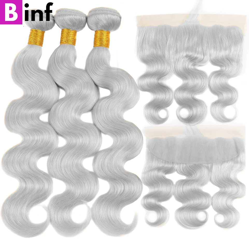 Silver Grey Colored Virgin Human Hair Body Wave Bundles With Closure And Frontal 3/4 Bundles with Closure Human Hair Bundles thumbnail 2