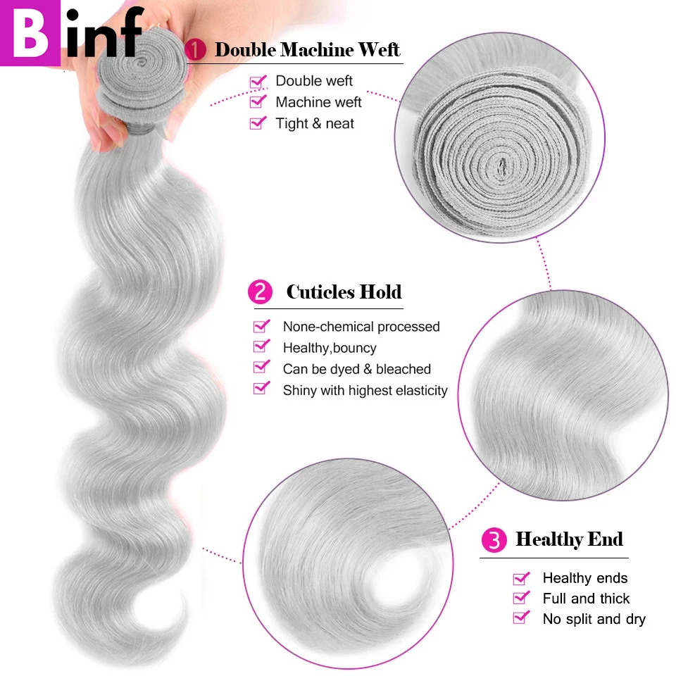 Silver Grey Colored Virgin Human Hair Body Wave Bundles With Closure And Frontal 3/4 Bundles with Closure Human Hair Bundles thumbnail 4
