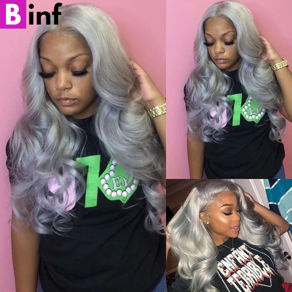 Silver Grey Colored Virgin Human Hair Body Wave Bundles With Closure And Frontal 3/4 Bundles with Closure Human Hair Bundles thumbnail 6