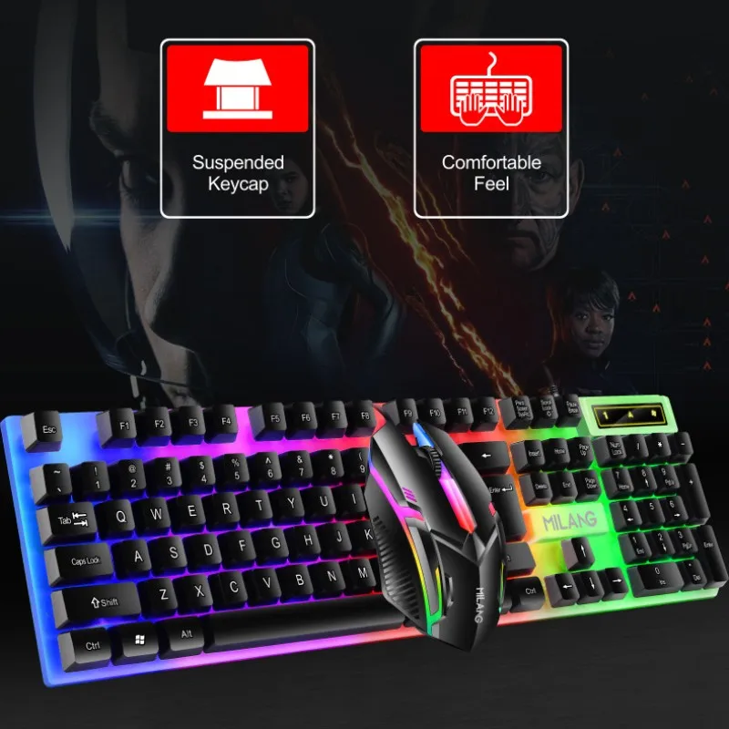 Rainbow Backlit Wired Keyboard and Mouse,Floating Keycap Strong, Wear-resistant,  Comfortable Feel Keyboard for Business Office thumbnail 2