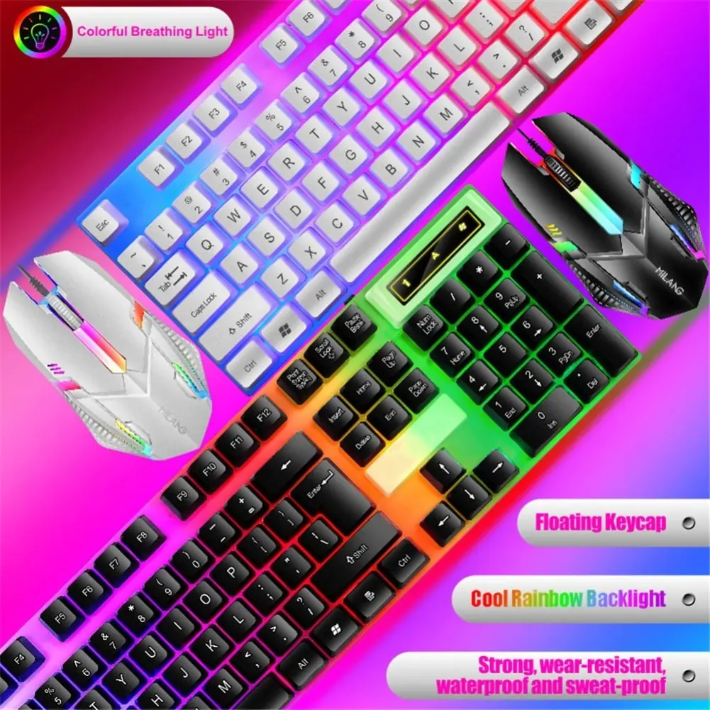Rainbow Backlit Wired Keyboard and Mouse,Floating Keycap Strong, Wear-resistant,  Comfortable Feel Keyboard for Business Office thumbnail 3