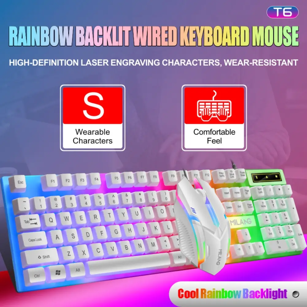 Rainbow Backlit Wired Keyboard and Mouse,Floating Keycap Strong, Wear-resistant,  Comfortable Feel Keyboard for Business Office thumbnail 5