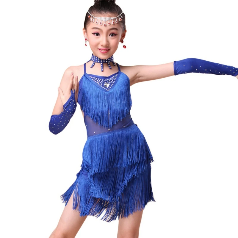 Children Sequin Latin Dance Tassel Dress Girls Fashion Cha Cha Salsa Tango Dance Outfit Stage Costume