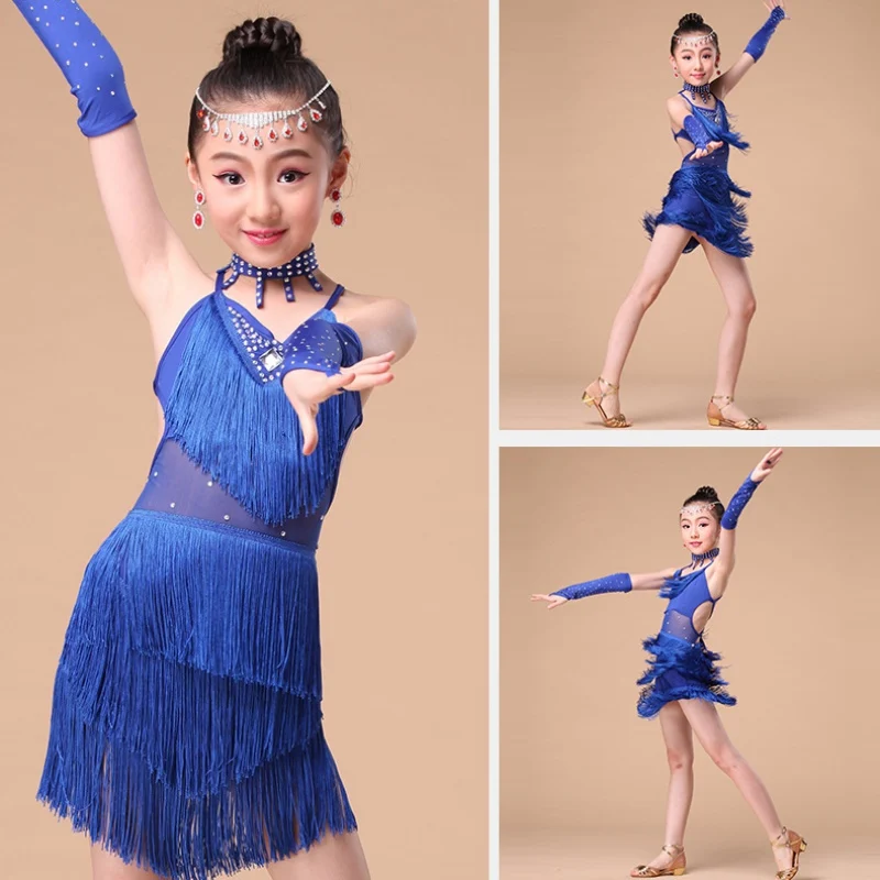 Children Sequin Latin Dance Tassel Dress Girls Fashion Cha Cha Salsa Tango Dance Outfit Stage Costume thumbnail 3
