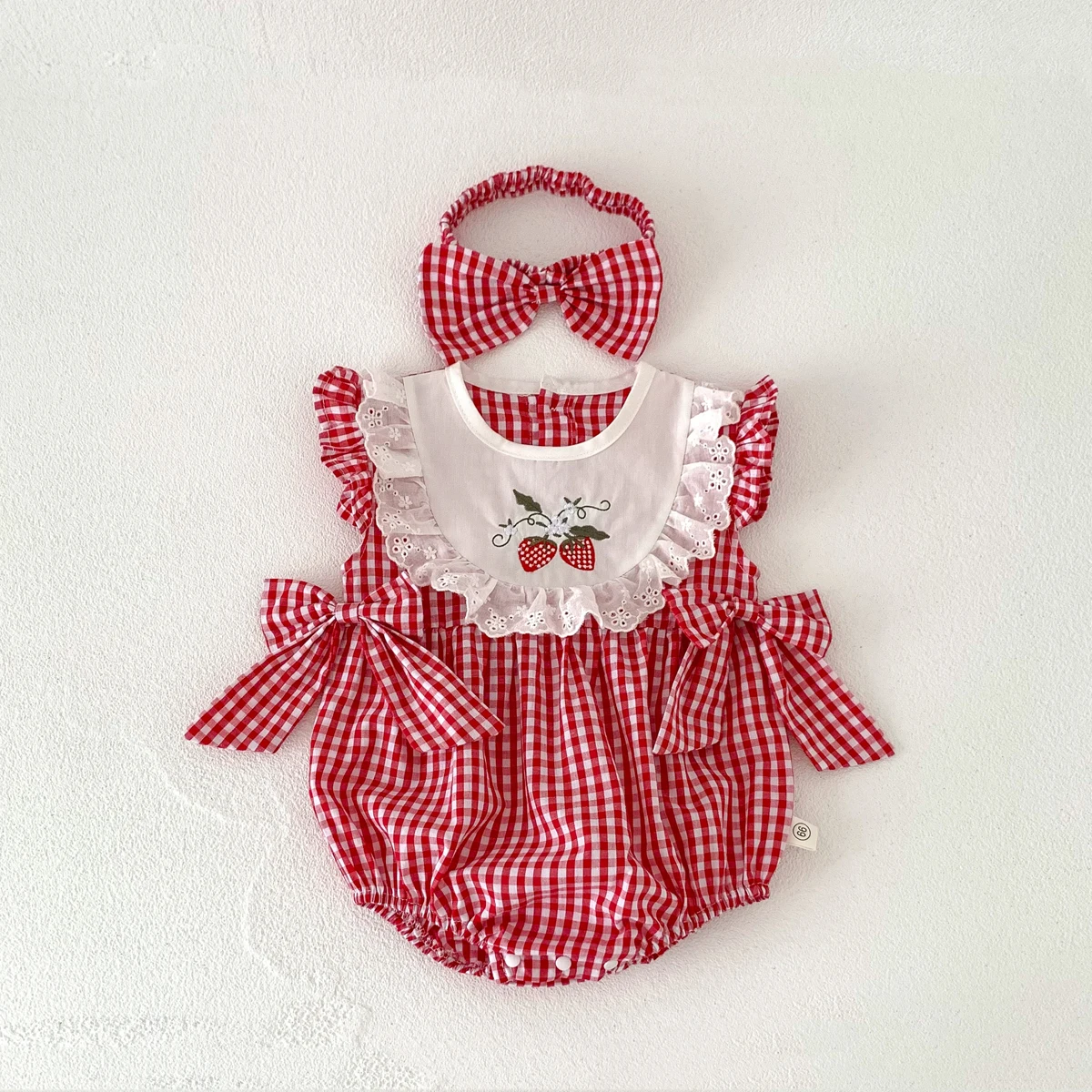 Summer Baby Girls Romper+Headband Newborn Red Plaid Strawberry Embroidery Summer Onesies Clothes Casual and versatile style thumbnail 3