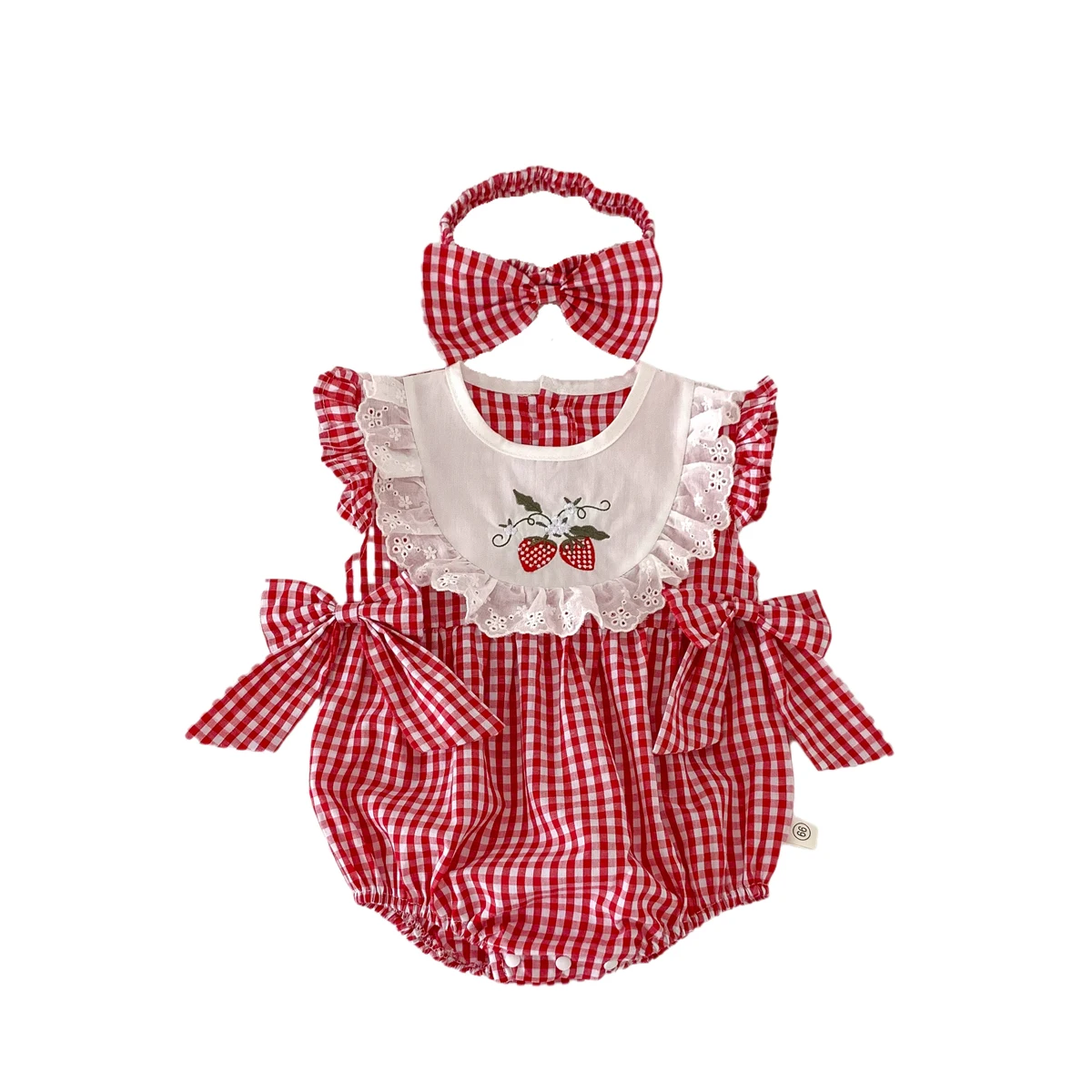 Summer Baby Girls Romper+Headband Newborn Red Plaid Strawberry Embroidery Summer Onesies Clothes Casual and versatile style thumbnail 6