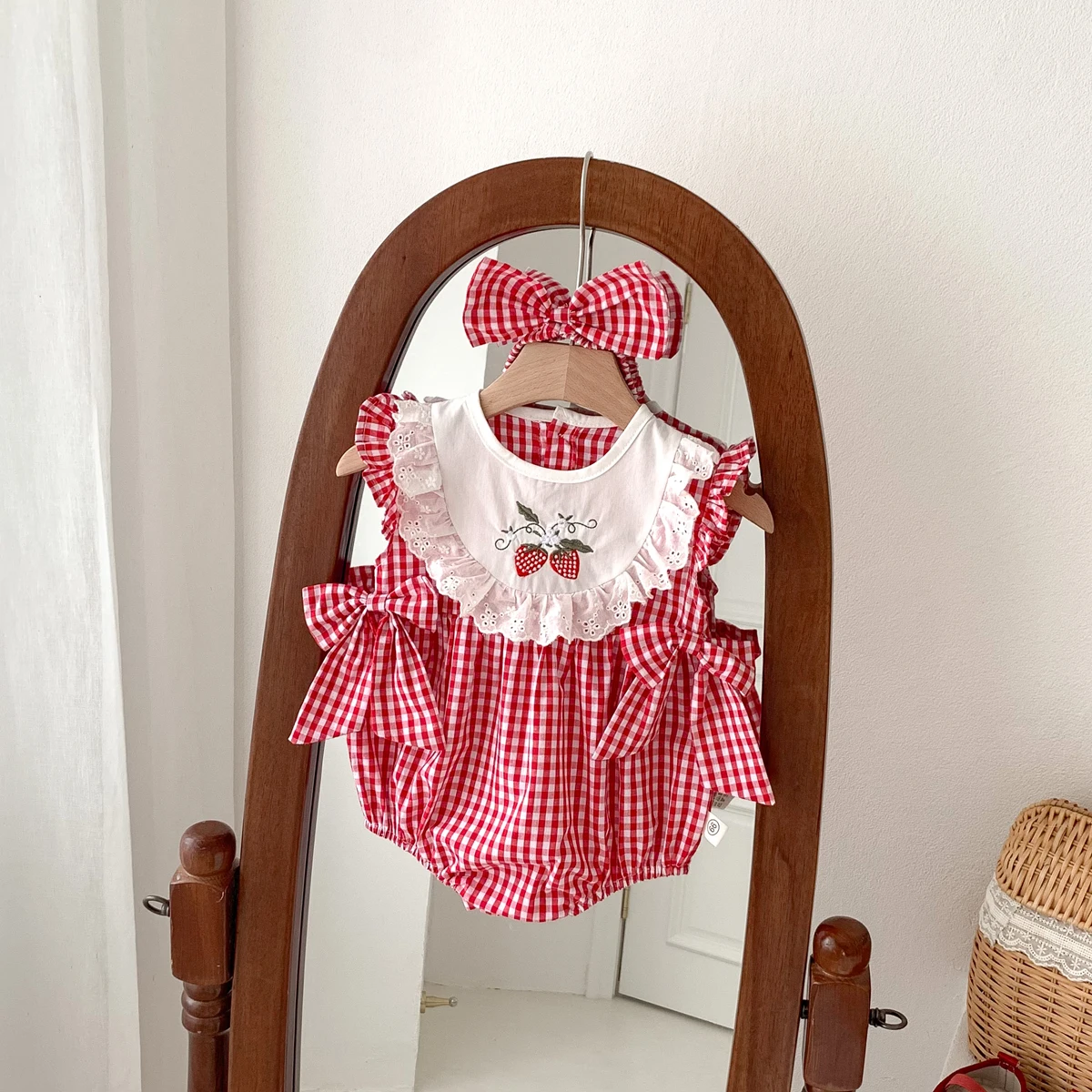 Summer Baby Girls Romper+Headband Newborn Red Plaid Strawberry Embroidery Summer Onesies Clothes Casual and versatile style thumbnail 4