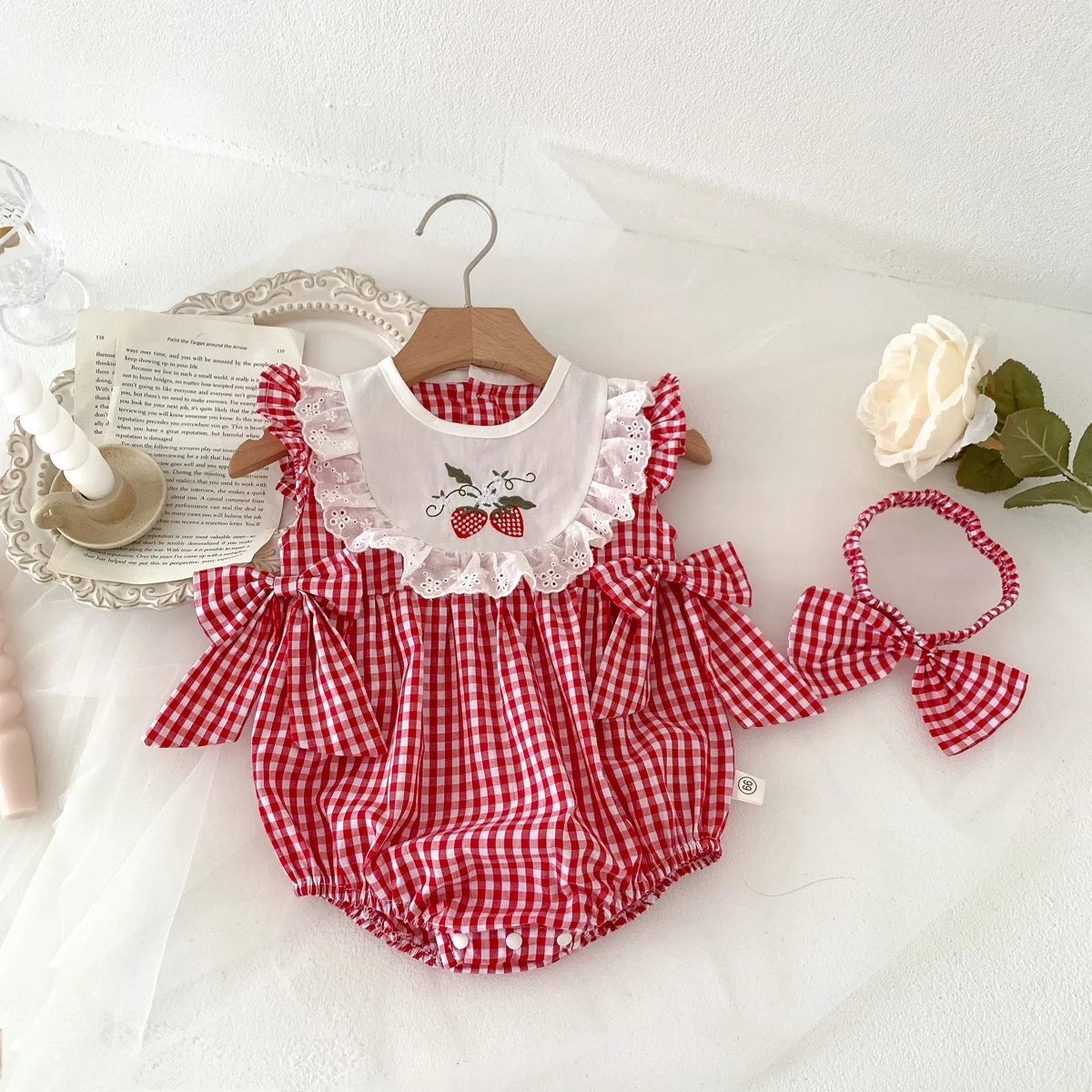 Summer Baby Girls Romper+Headband Newborn Red Plaid Strawberry Embroidery Summer Onesies Clothes Casual and versatile style thumbnail 2