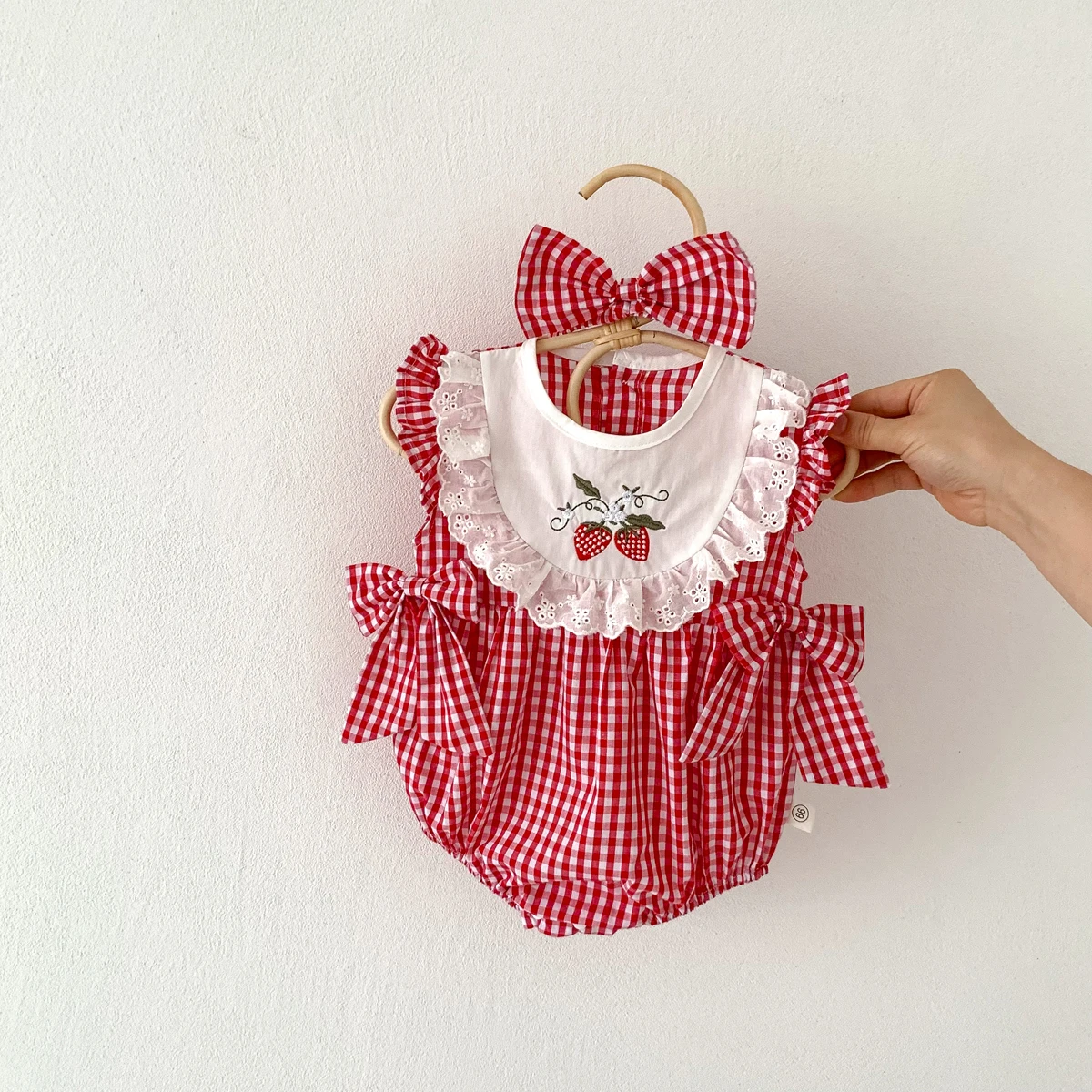 Summer Baby Girls Romper+Headband Newborn Red Plaid Strawberry Embroidery Summer Onesies Clothes Casual and versatile style thumbnail 5