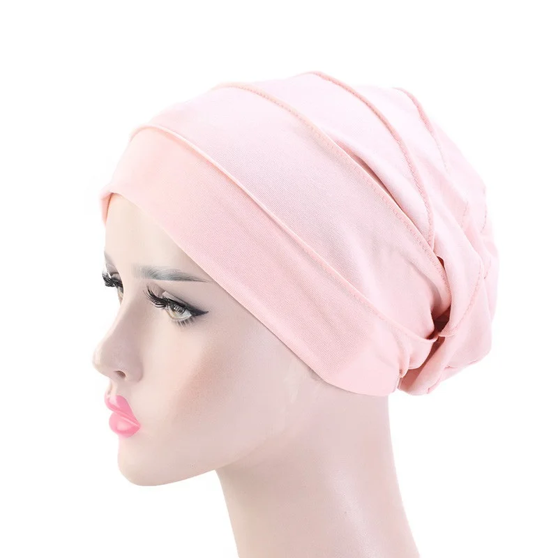 Women Stretch Beanie Chemo Cotton Hair Turban Hat Double-layer Soft Satin Lining Crinkled Hijab Inner Hijab Caps thumbnail 4