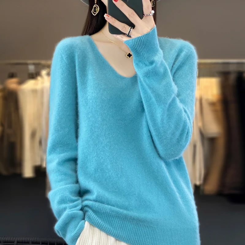 Women 100% Merino Wool Sweater V-Neck Basic Pullover Autumn Winter Cashmere Clothing Long Sleeve Soft Knitwear Tops Solid Color thumbnail 2