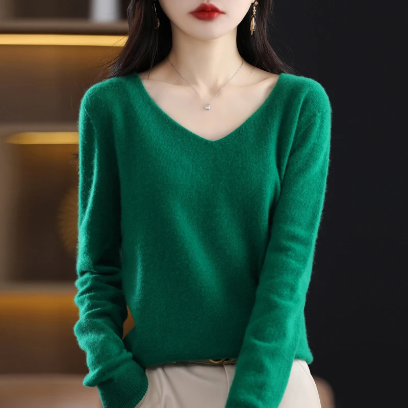Women 100% Merino Wool Sweater V-Neck Basic Pullover Autumn Winter Cashmere Clothing Long Sleeve Soft Knitwear Tops Solid Color thumbnail 5