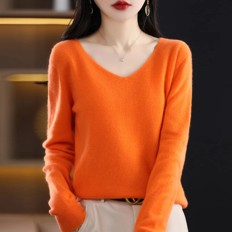 Women 100% Merino Wool Sweater V-Neck Basic Pullover Autumn Winter Cashmere Clothing Long Sleeve Soft Knitwear Tops Solid Color thumbnail 3