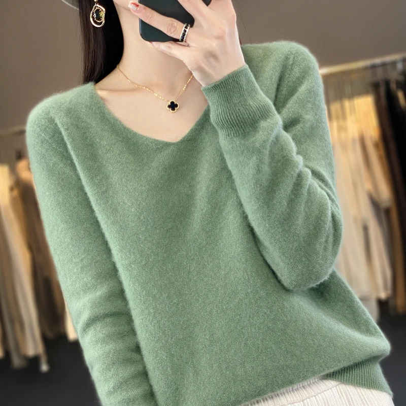 Women 100% Merino Wool Sweater V-Neck Basic Pullover Autumn Winter Cashmere Clothing Long Sleeve Soft Knitwear Tops Solid Color thumbnail 4