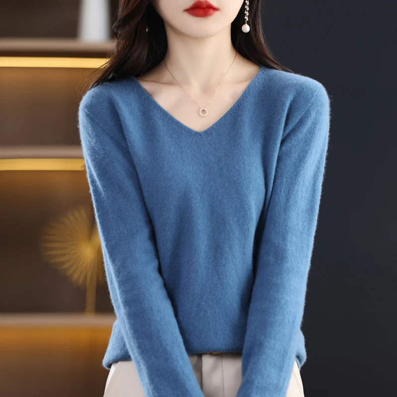 Women 100% Merino Wool Sweater V-Neck Basic Pullover Autumn Winter Cashmere Clothing Long Sleeve Soft Knitwear Tops Solid Color thumbnail 6