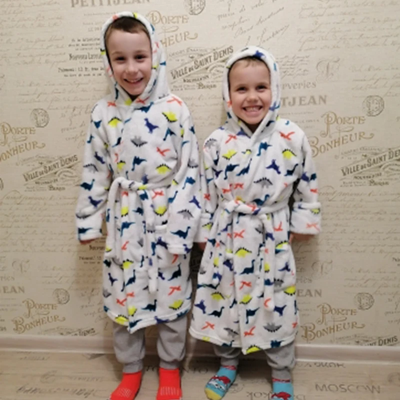 Boy and Girls Flannel Pajamas Robe Autumn and Winter Children Sleepwear Soft Hooded Kids Homewear 2-8 Years thumbnail 6