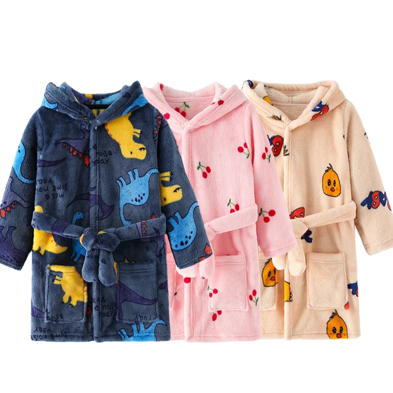 Boy and Girls Flannel Pajamas Robe Autumn and Winter Children Sleepwear Soft Hooded Kids Homewear 2-8 Years thumbnail 2