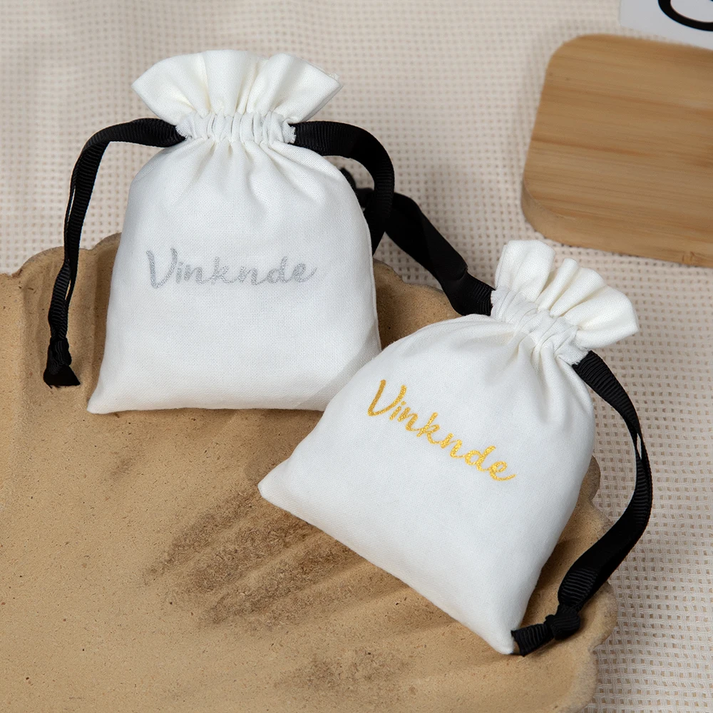 50/100Pcs Personalized Logo Jewelry Cotton Bag White Black Muslin Drawstring Pouch Canvas Gift Packaging Pocket for Earring Ring thumbnail 3