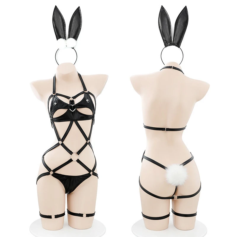 Bunny Cosplay PU Leather Bondage Hollow Out Full Body Cage Sexy Lingerie Women Temptation Uniform Naughty Erotic Bodysuit thumbnail 6