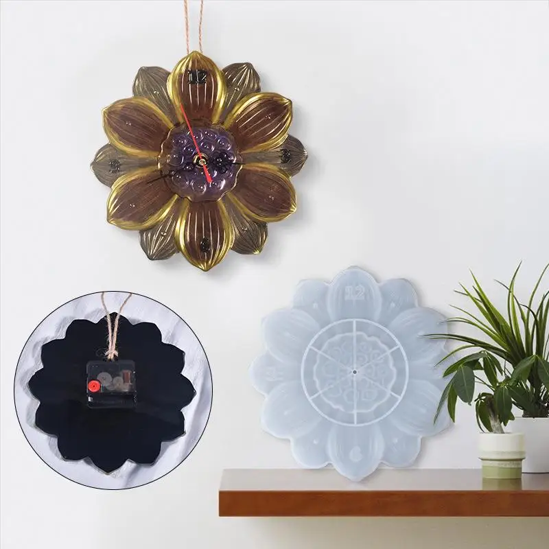 Round Clock Epoxy Resin Silicone Mold Arabic Roman Numbers Flower Leaf Clock Mould Wall Decor DIY Resin Crafts Casting Mold thumbnail 4