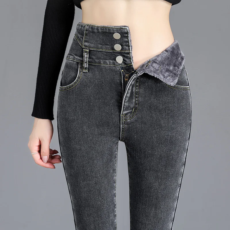 Thermal Winter Thick Fleece High-waist Warm Skinny Jeans Thick Women Stretch Button Pencil Pants Mom Casual Velvet Jeans thumbnail 6