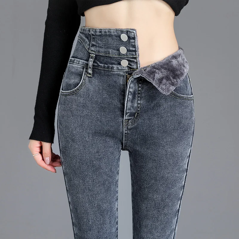 Thermal Winter Thick Fleece High-waist Warm Skinny Jeans Thick Women Stretch Button Pencil Pants Mom Casual Velvet Jeans thumbnail 5