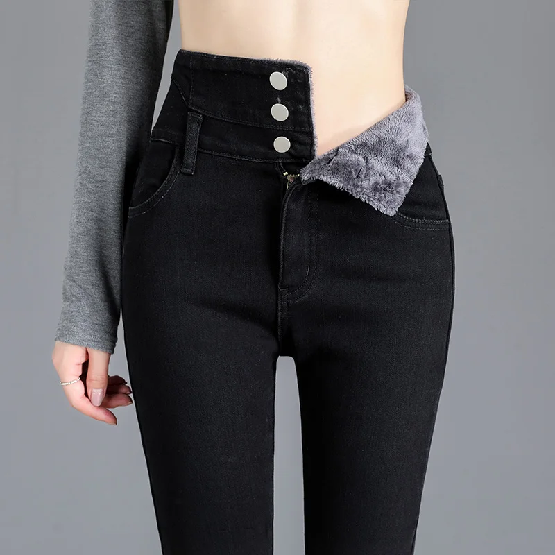 Thermal Winter Thick Fleece High-waist Warm Skinny Jeans Thick Women Stretch Button Pencil Pants Mom Casual Velvet Jeans thumbnail 4