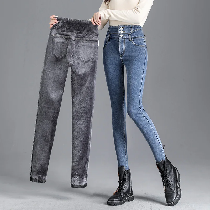 Thermal Winter Thick Fleece High-waist Warm Skinny Jeans Thick Women Stretch Button Pencil Pants Mom Casual Velvet Jeans thumbnail 3