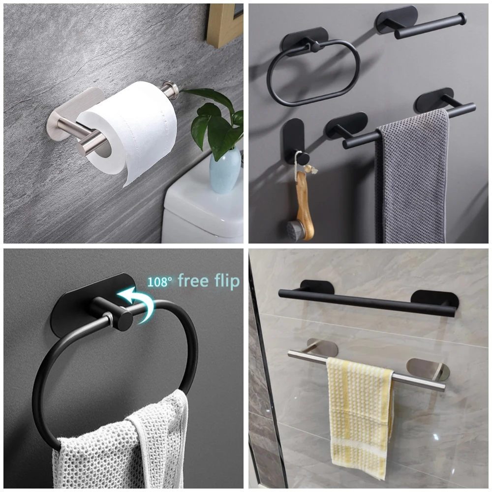 Adhesive Bathroom Hardware Accessories Towel Rack Toilet Paper Dispenser Holder Wall Coat Hooks Towel Rail Ring Roll Hanger Set thumbnail 5