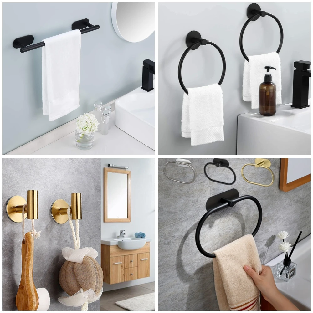Adhesive Bathroom Hardware Accessories Towel Rack Toilet Paper Dispenser Holder Wall Coat Hooks Towel Rail Ring Roll Hanger Set thumbnail 3